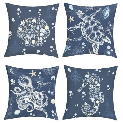 Joymasion Fundas Cojines 45x45 Juego de 4 Modernas Funda de Almohada Marinos Tortuga Pulpo Cojines...
