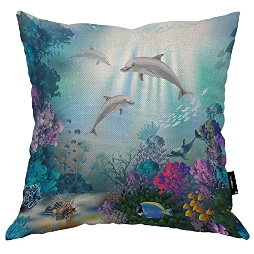 Beabes Fundas de coj&iacute;n de delfines con dise&ntilde;o de delfines, peces, algas marinas, coral, algod&oacute;n,...