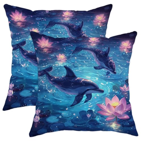 Juego de 2 fundas de almohada con dise&ntilde;o de olas del oc&eacute;ano, dise&ntilde;o de delf&iacute;n azul, fundas de...