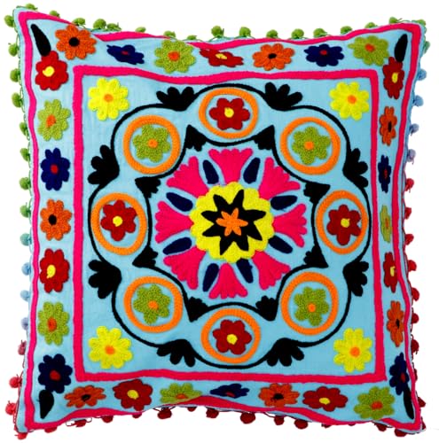 GURU SHOP Funda de coj&iacute;n bohemia, colorida, de estilo mexicano, dise&ntilde;o folclore bordado, turquesa,...