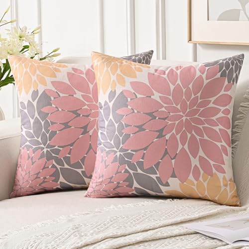 Jayusaror Fundas Cojines 40x40 cm Rosa Modernos Decorativo Lino Dahlia Funda de Almohada Cojines de...