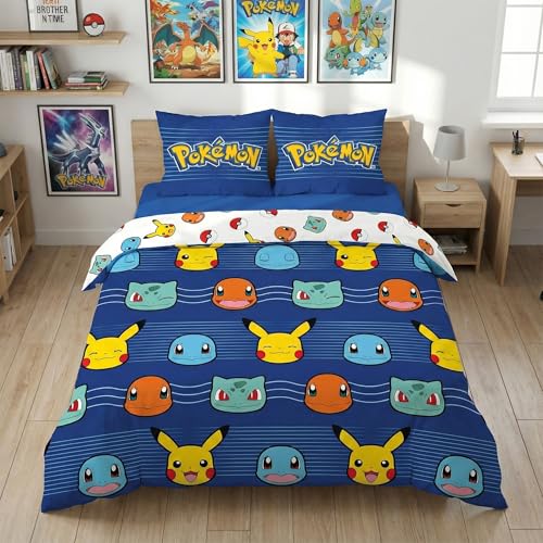 Juego de cama oficial Pok&eacute;mon de 240 x 220 cm, funda n&oacute;rdica reversible Pikachu, Bulbizarre,...