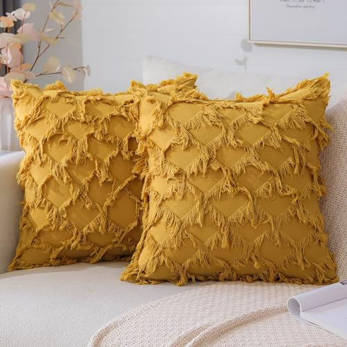 JOTOM Juego de 2 fundas de coj&iacute;n de lino de 45 x 45 cm, dise&ntilde;o de borlas, fundas de almohada...