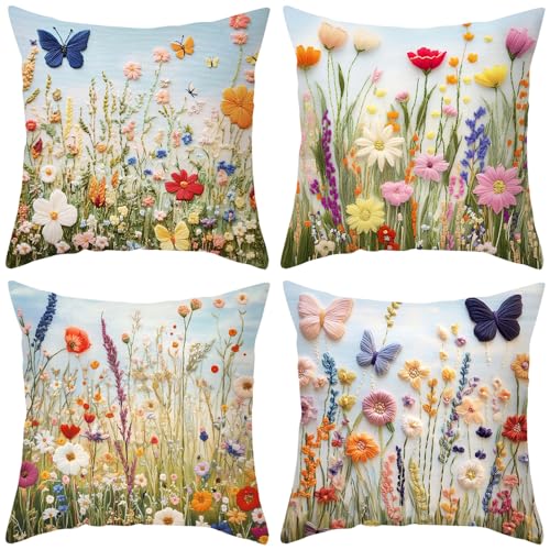 BREASOME Fundas Cojines 45x45 cm, Juego de 4 Fundas de Cojin 3D Flores y Mariposa Fundas de Almohada...