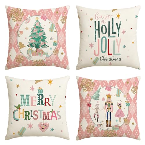 Artoid Mode Juego de 4 fundas de coj&iacute;n 45 x 45 cm con dise&ntilde;o a cuadros rosa con cascanueces,...