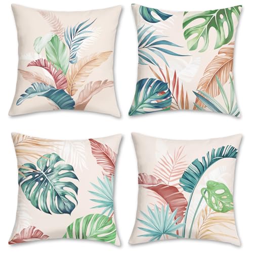 Bonhause Fundas Cojines Hojas Tropicales 45 x 45 cm Funda de Almohada Planta Hojas de Colores...