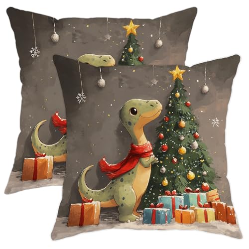 Fundas de almohada de dinosaurio de Navidad, fundas de coj&iacute;n de dinosaurio verde, decoraci&oacute;n...