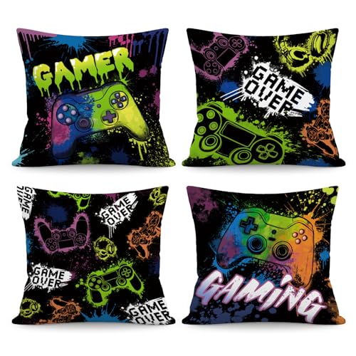 NymphFable Juego de 4 Fundas de Coj&iacute;n Gamer Mando 45 x 45 cm, Dise&ntilde;o Graffiti Terciopelo Fundas...