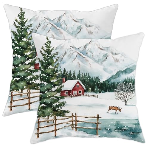 Juego de 2 fundas de almohada de invierno, fundas de coj&iacute;n decorativas con paisaje de monta&ntilde;a...