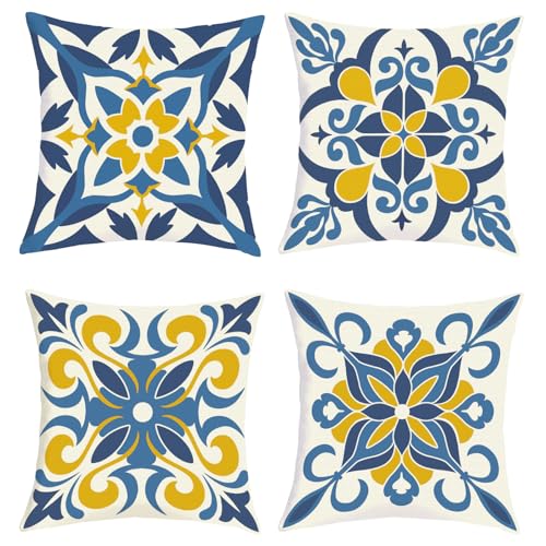 Joymaison Fundas Cojines 45x45 Juego de 4 Funda de Almohada Flor Azul Mediterr&aacute;neo Cojines Fundas...