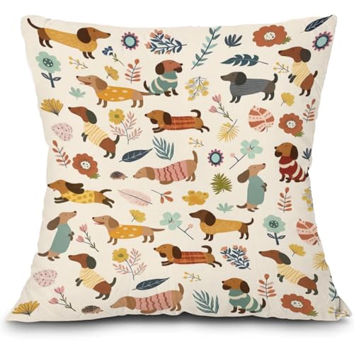 Vexilon Funda de coj&iacute;n de perro salchicha, 45 x 45 cm, material de lino blanco, fundas de coj&iacute;n...