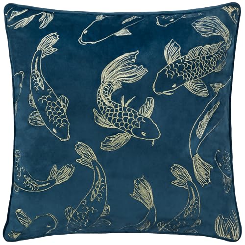 Paoletti Funda de cojín de Terciopelo Bordada Koi Pond - Azul Marino - 50x50cm