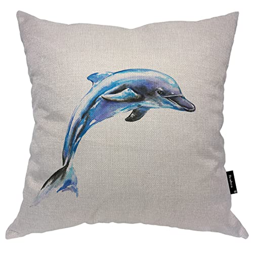 Beabes Funda de almohada decorativa de delf&iacute;n, dise&ntilde;o de delf&iacute;n azul saltando con animales del...