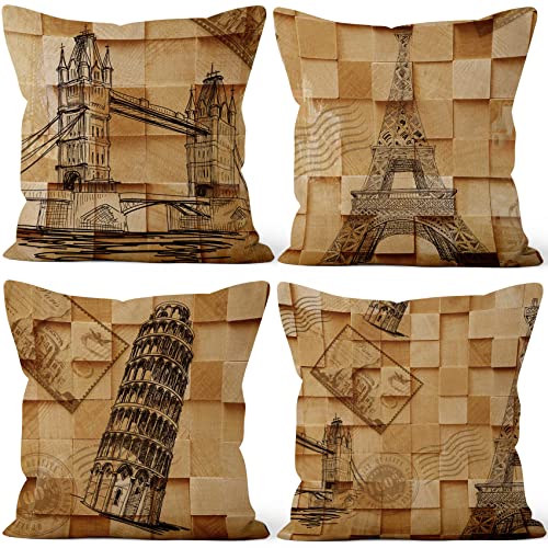 Aoihrraan 46x46cm Juego de 4 Retro Fundas de Cojin Famoso Edificio Puente De Londres Torre Eiffel...