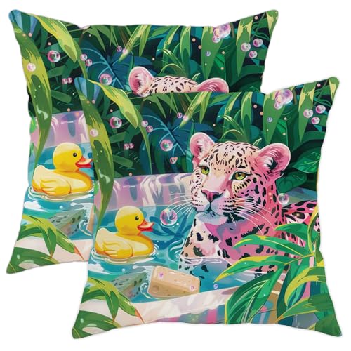 Juego de 2 fundas de almohada tropicales de verano, con estampado de leopardo de la selva, fundas de...