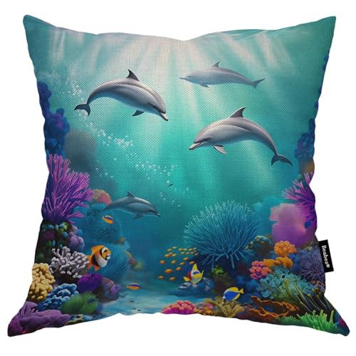 Beabes Fundas de coj&iacute;n de delfines con dise&ntilde;o de delfines, peces, algas marinas, coral, algod&oacute;n,...