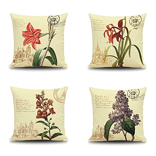 Lieson Juego de 4 fundas de almohada decorativas, 40 x 40 cm, 4 fundas de coj&iacute;n de flores de...