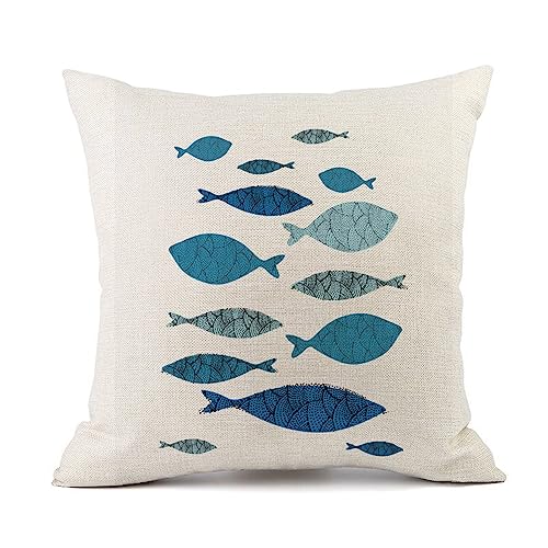 Cojines Sof&aacute; 45x45 Peces Azules Y Grises - Cojines Lino de Algod&oacute;n - Cama con Cremallera Invisible...