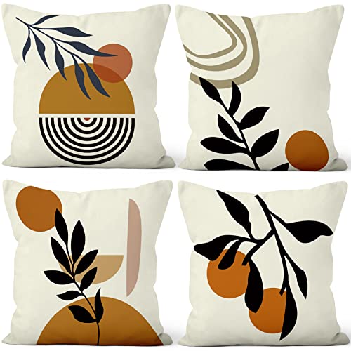Aoihrraan Fundas de Cojines Juego de 4, Resumen Minimalista Sol Y Luna Hojas Negras Cuadrado Corto...