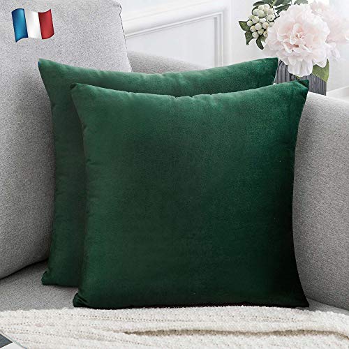 Douceur De Plumes Juego de 2 Fundas de coj&iacute;n Verde Esmeralda 45x45 Terciopelo Decorativo Liso,...