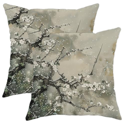 Juego de 2 fundas de almohada de invierno, funda de coj&iacute;n de flores de cerezo beige, fundas de...