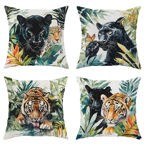 Fundas de coj&iacute;n de animales salvajes, leopardo verde selva, pantera, tigre, acuarela, decoraci&oacute;n...