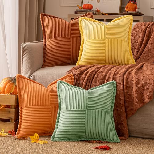 EMEMA Juego de 4 fundas de cojín de pana para sofá, otoño, decorativas, 40 x 40 cm, para salón,...