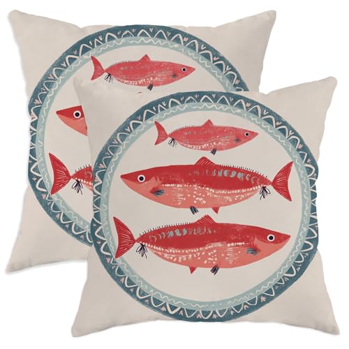 Juego de 2 fundas de coj&iacute;n con dise&ntilde;o de peces oce&aacute;nicos, color rojo coral, fundas de coj&iacute;n de...