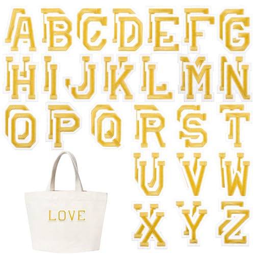 Letras termoadhesivas para ropa, 52 parches dorados para planchar con letras del alfabeto A-Z,...