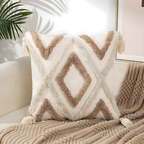 YULUOSHA Funda de coj&iacute;n decorativa boho, coj&iacute;n beige boho de algod&oacute;n decorativo marroqu&iacute; con...