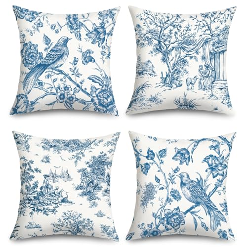 Joymaison Fundas Cojines 45x45 Juego de 4 Funda de Almohada Flores Azul Chinoiserie Primavera...