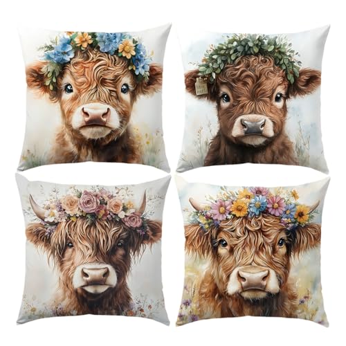 SEVENWELL Funda de coj&iacute;n de vaca de las tierras altas, decoraci&oacute;n de vaca, funda de coj&iacute;n...