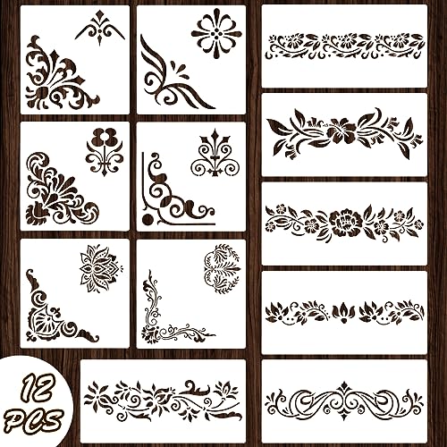 Qpout 12 Plantillas de Borde de Flores para pintar, dise&ntilde;o de t&oacute;tem tribal de flores, plantillas...