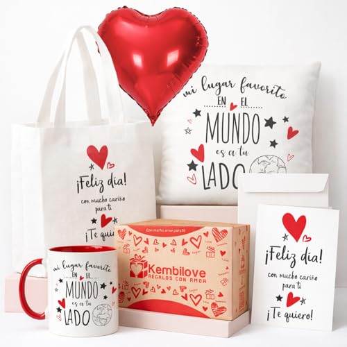 Kembilove&reg; Pack Regalo Personalizado para Parejas &ndash; Bolsa + Coj&iacute;n + Taza con Caja + Tarjeta +...