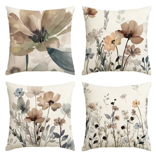 Artoid Mode - Juego de 4 fundas de coj&iacute;n con flores silvestres y hojas geom&eacute;tricas, estampado...