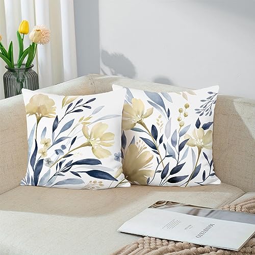 Bonhause Fundas de Cojín Flores de Acuarela 45 x 45 cm Funda de Almohada Amarillo y Azul Flor...