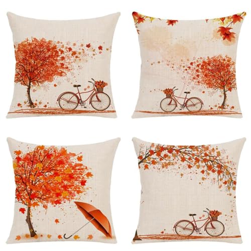 BREASOME Fundas Cojines 45x45 cm, Juego de 4 Fundas de Cojin Bicicleta y &aacute;rboles Hojas Oto&ntilde;o...