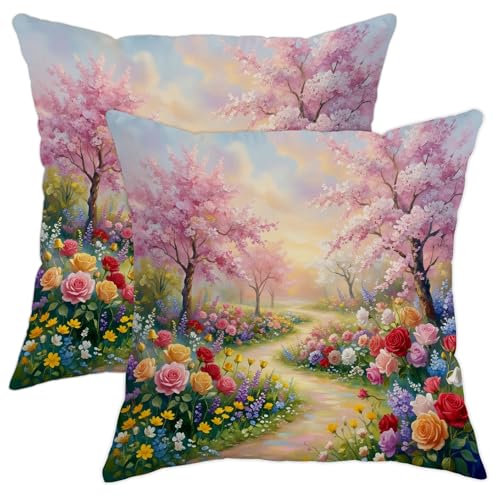 Juego de 2 fundas de coj&iacute;n de flores de cerezas, flores rom&aacute;nticas de primavera, melocot&oacute;n,...