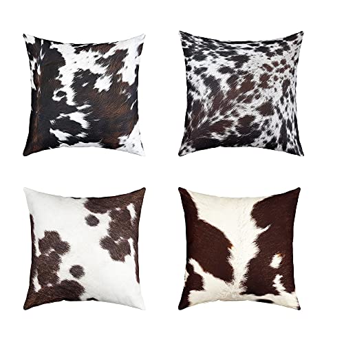 Juego de 4 fundas de almohada de piel de vaca, 45 x 45 cm, color blanco y negro, piel de vaca, piel...