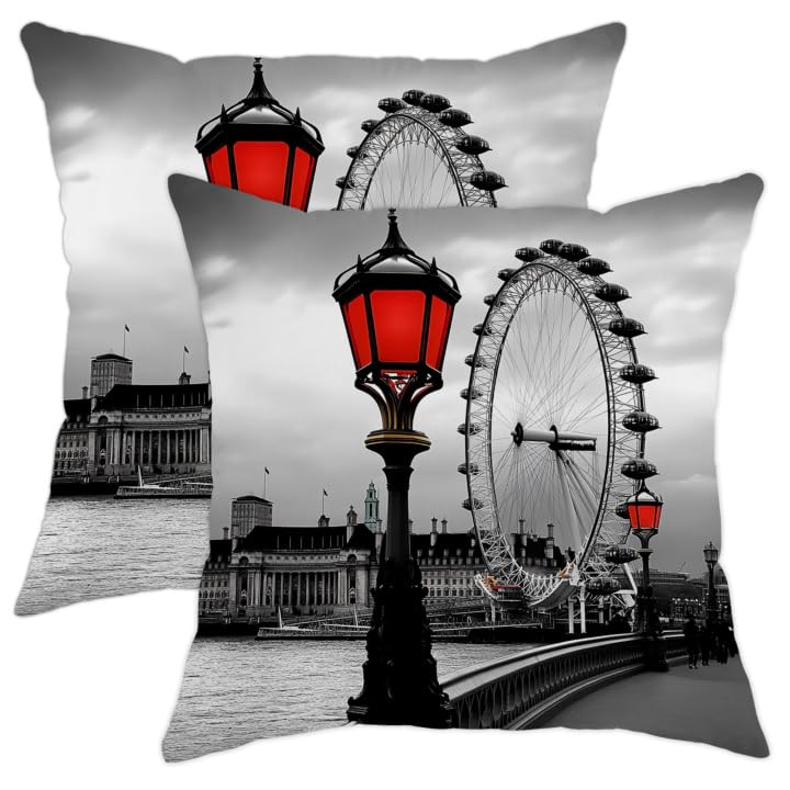 Juego de 2 fundas de almohada modernas decorativas negras y rojas, fundas de coj&iacute;n de paisaje...