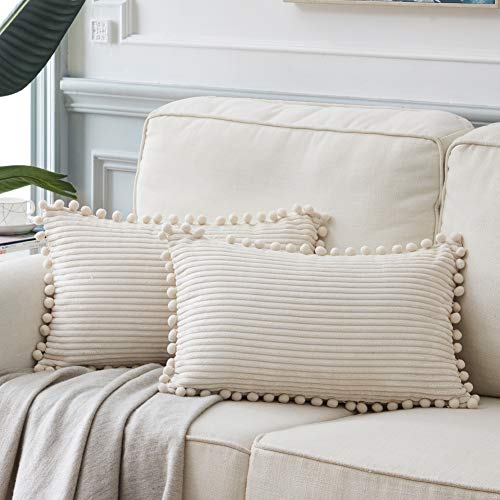 Fancy Homi Funda decorativa rectangular para cojines de 35 x 60 cm con pompones, para sofá, cama,...