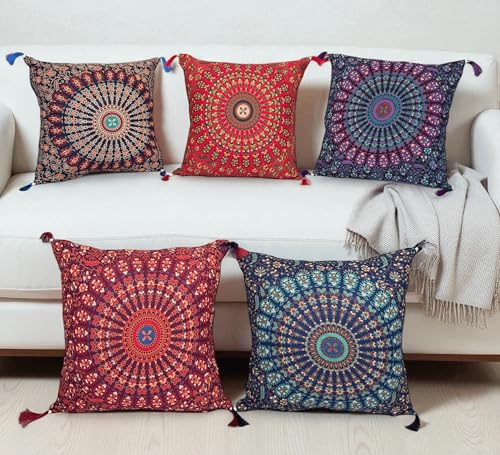Juego de 5 fundas de cojín con diseño de mandala indio de 18 x 18 pulgadas para sofá, decoración...