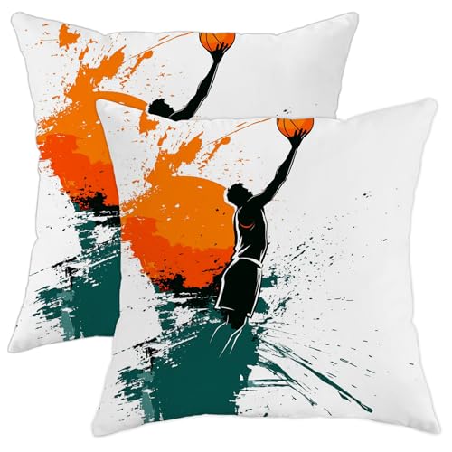 Juego de 2 fundas de cojín de baloncesto, funda de cojín artística con salpicaduras naranjas,...