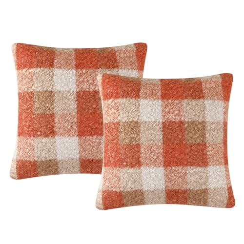 Recitem Juego de 2 fundas de coj&iacute;n de oto&ntilde;o a cuadros naranja de 45 x 45 cm, decoraci&oacute;n de...