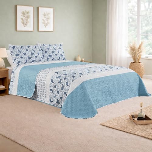 DALINA Colcha Bouti Estampada Paisley Cama 180 (280x265 cm), Cubre Cama Reversible Azul y Blanco con...