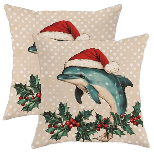 Fundas de almohada de delf&iacute;n de Navidad, funda de coj&iacute;n de delf&iacute;n azul, decoraci&oacute;n navide&ntilde;a de...