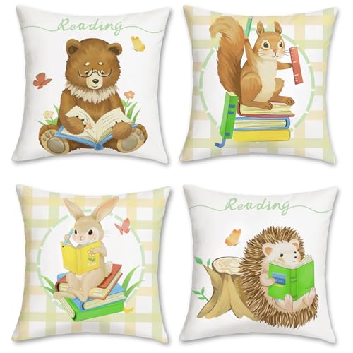 Bonhause Fundas Cojines Animales 45 x 45 cm Funda de Almohada Oso Ardilla Conejito Erizo Libros de...
