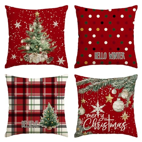 Artoid Mode Rojo &Aacute;rboles Bolas Puntitos B&uacute;falo a Cuadros Juego de Fundas de Almohada de Navidad 4...