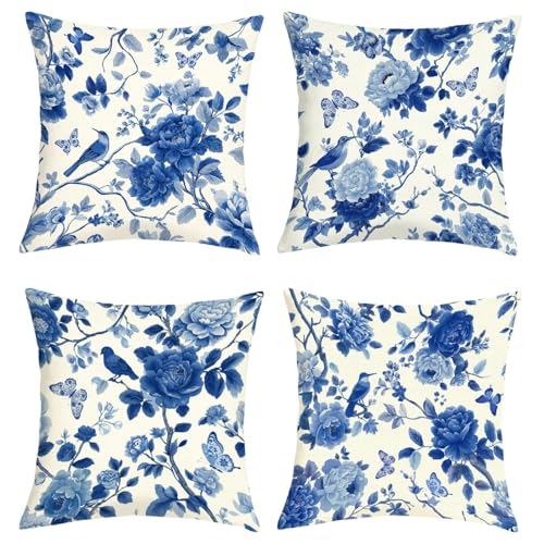 Joymaison Fundas Cojines 45x45 Juego de 4 Funda de Almohada Chinoiserie Azul Blanco Flores Cojines...