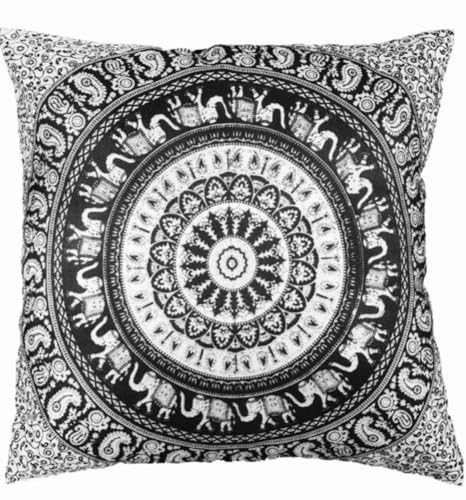 Fundas de coj&iacute;n indias en blanco y negro con dise&ntilde;o de mandala, tapiz bohemio de elefantes...